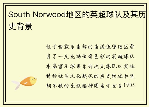 South Norwood地区的英超球队及其历史背景