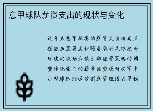 意甲球队薪资支出的现状与变化